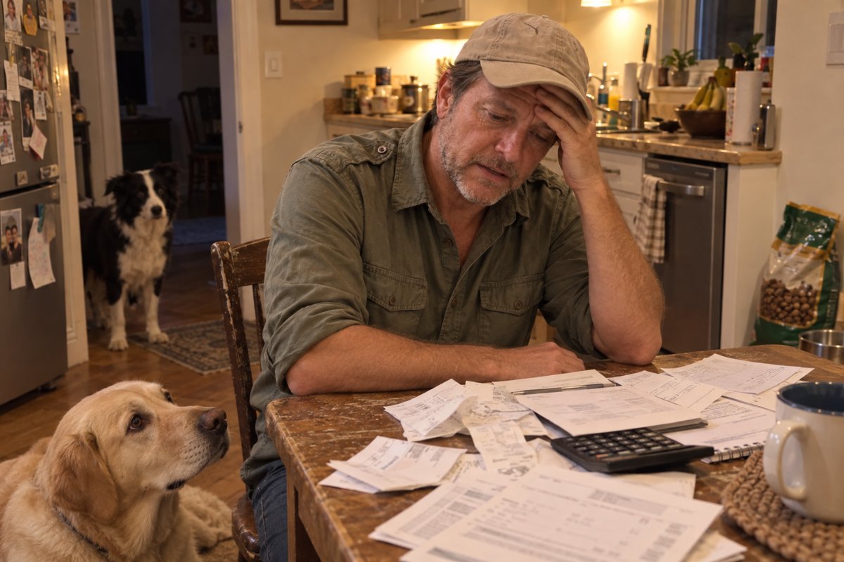 Tyler worried over a pile of dog bills at his kitchen table