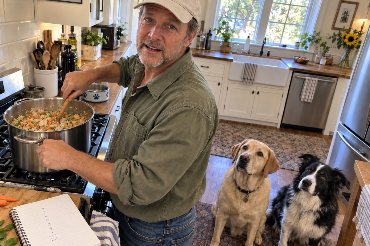 Tyler cooking a pot of homemade dog food with his dogs watching