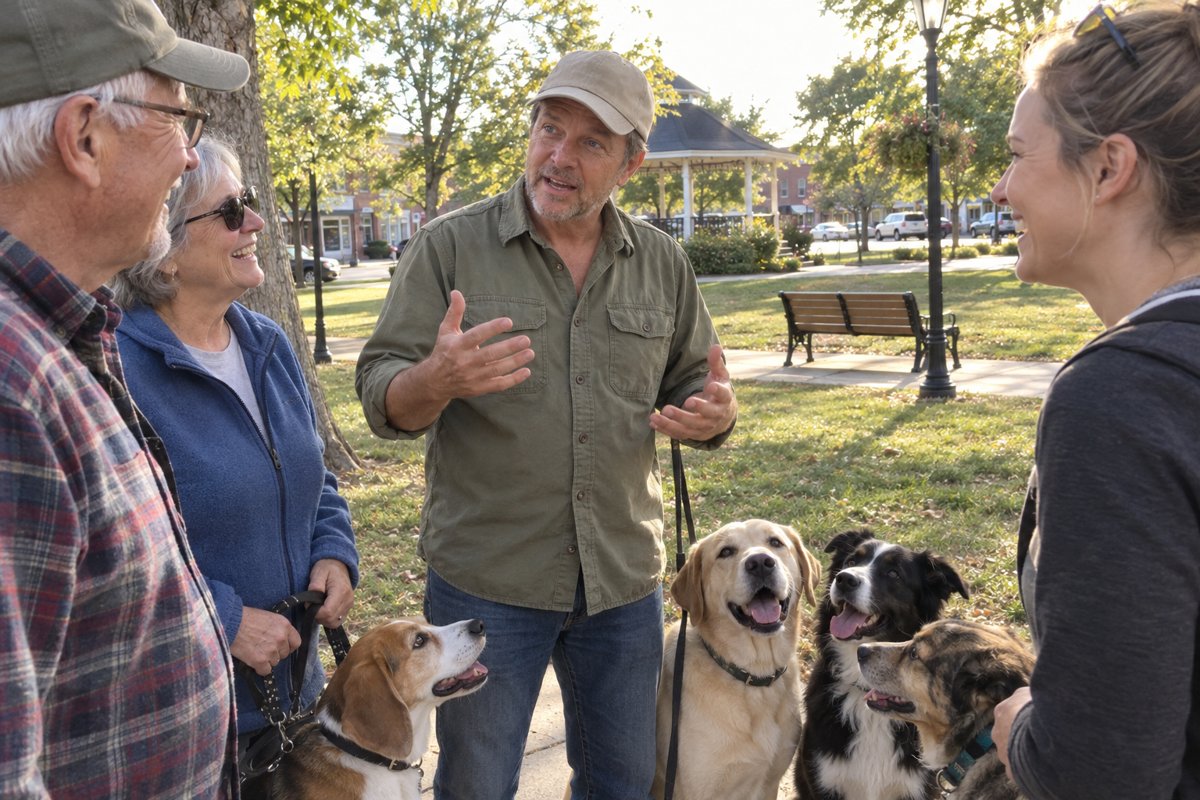 Tyler talking with other dog owners in the park