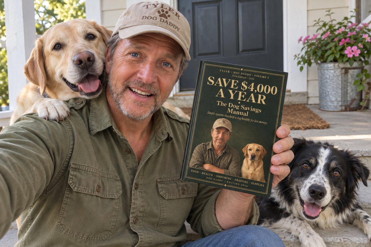 Tyler holding The Dog Savings Manual with his dogs