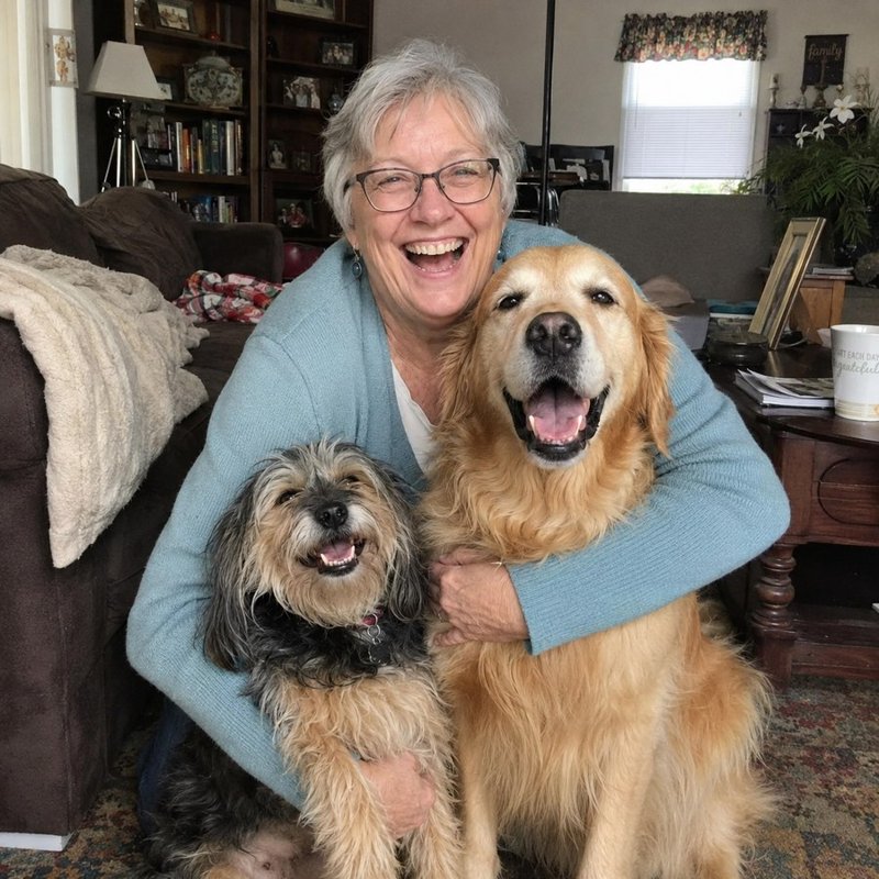 Linda with her two freshly groomed dogs